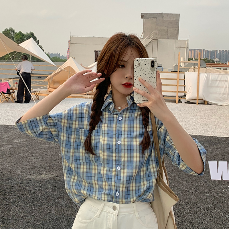 SUXI Áo sơ mi tay ngắn họa tiết caro phong cách Hàn Quốc cá tính cho nữ