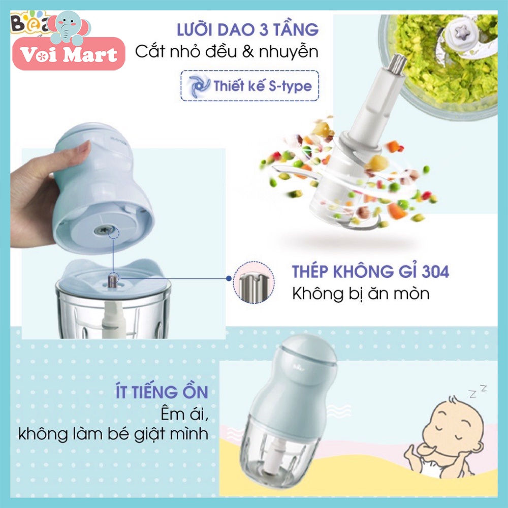 (BH 18 Tháng) Máy Xay Đồ Ăn Dăm Đa Năng Bear Cầm Tay Tiện Lợi Thiết Kế 3 Lưỡi Dao Sắc Bén, Cối Thuỷ Tinh 0.3l - B03V2