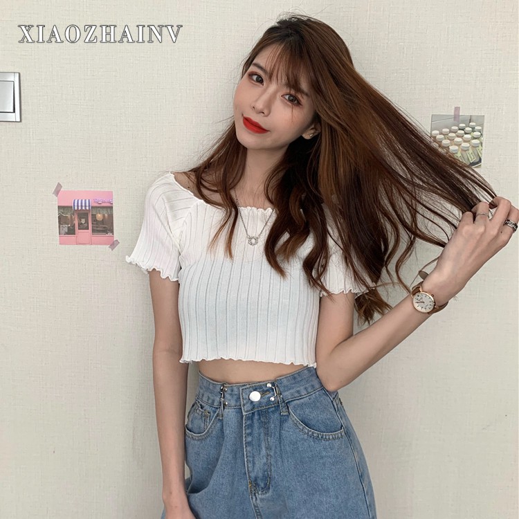 Xiaozhainv Áo Thun Trễ Vai Tay Ngắn Kiểu Dáng Sexy Theo Phong Cách Retro