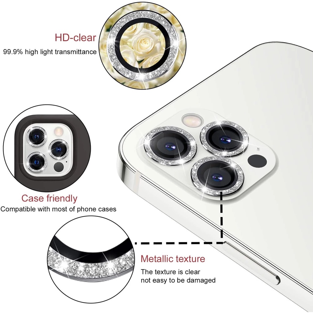 Miếng dán phối hạt lấp lánh bảo vệ mắt camera Cho iPhone 14 13 12 11 Pro Max 13 Mini