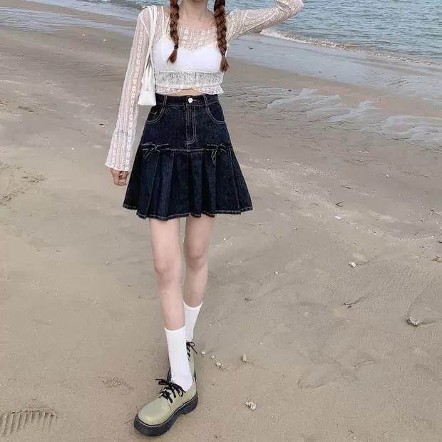 6:30PM Order Mã 004 Chân váy jeans đen ngắn ulzzang hot trend đuôi cá tennis skirt phối nơ lolita cute