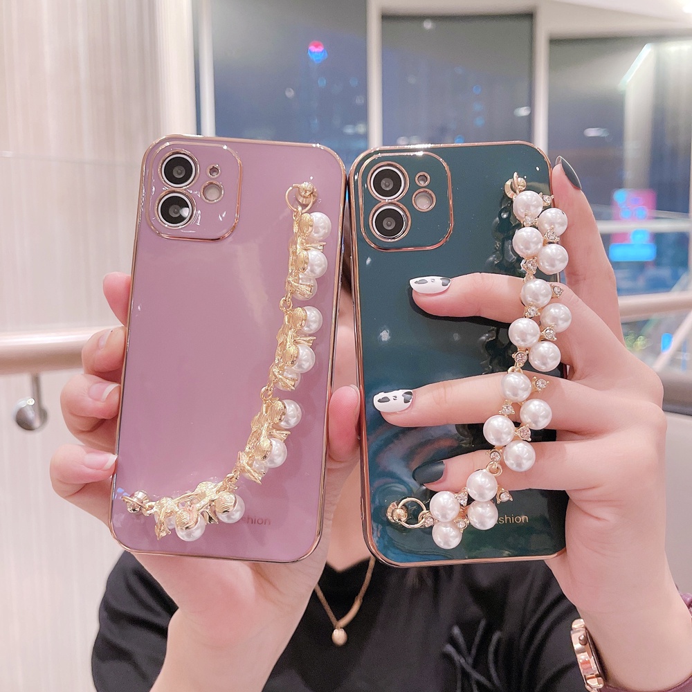 Ốp điện thoại màu trơn đính dây đeo ngọc trai nhân tạo sang trọng cho iPhone 12 11 Pro Max XS Max XR X 8 7 Plus