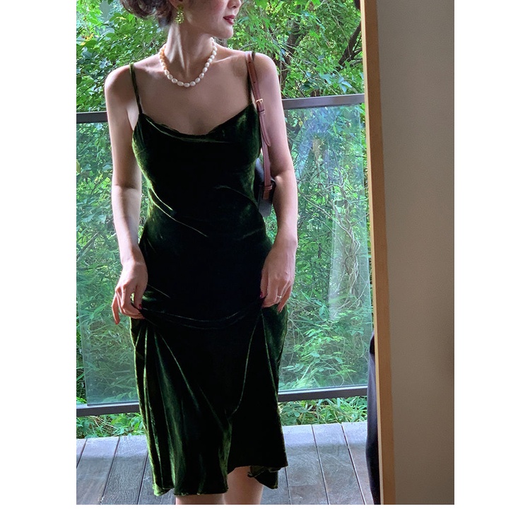 Đầm Nhung Hai Dây Dáng Dài Phong Cách Retro Thời Trang Cao Cấp Cho Nữ