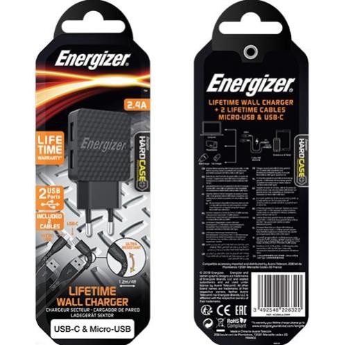 Combo cốc sạc Energizer 2.4A 2USB + Cáp Micro USB + Cáp USB Type-C 2.0 1.2m AC2BEULCMM - Hàng chính hãng