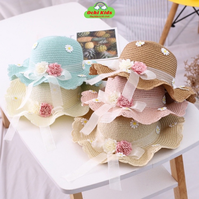 Set mũ cói kèm túi xách đeo chéo đính hoa cho bé gái, bộ túi nón cói bé gái 2 - 9 tuổi