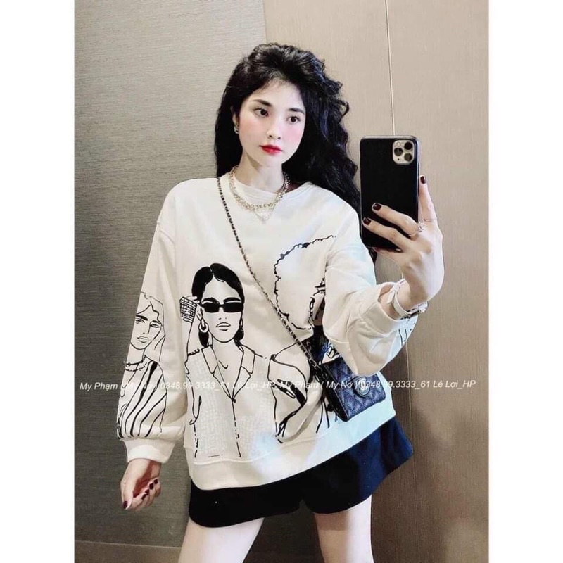 áo nỉ dai tay cổ tròn sweater in cô gái đeo kính