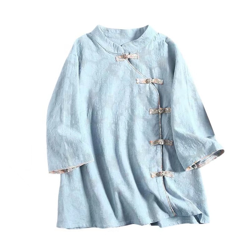 Áo linen cotton mỏng mát tay ngắn cổ chéo cài nút tấm phong cách Trung Hoa