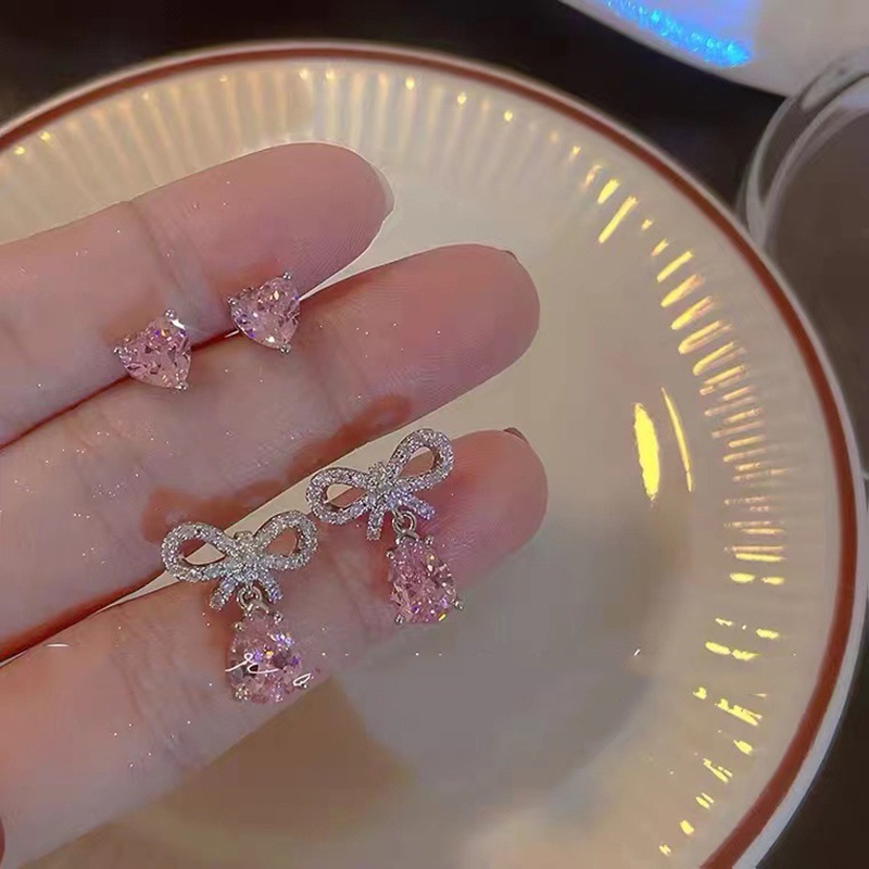 Set Khuyên Tai Nơ Đính Đá Hồng Phong Cách Nhật Hàn