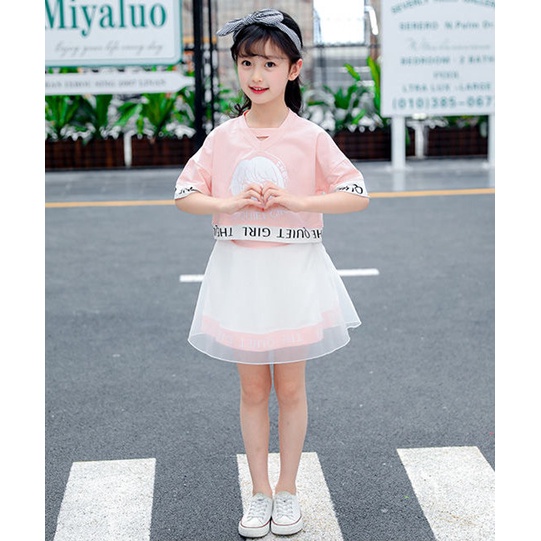 Bộ Áo Thun cotton Cổ Tròn + Quần Ống Rộng Thời Trang Cho Bé Gái 8-7-12 Tuổi 5-12 Tuổi