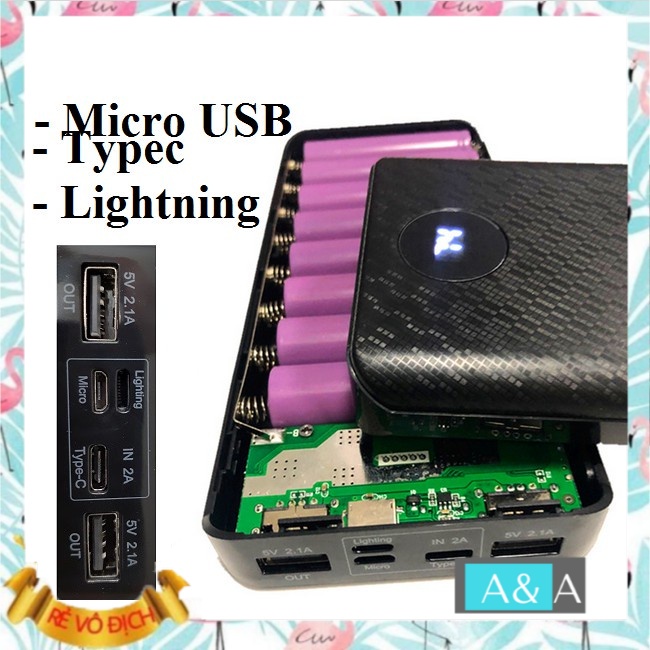 Box sạc dự phòng chân cắm Type c sạc siêu nhanh 8 cell dùng pin 18650, mạch sạc nhanh 2a chưa pin