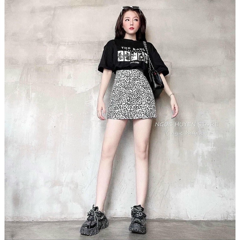 set áo thun chân váy da báo set bộ nữ hàng hot
