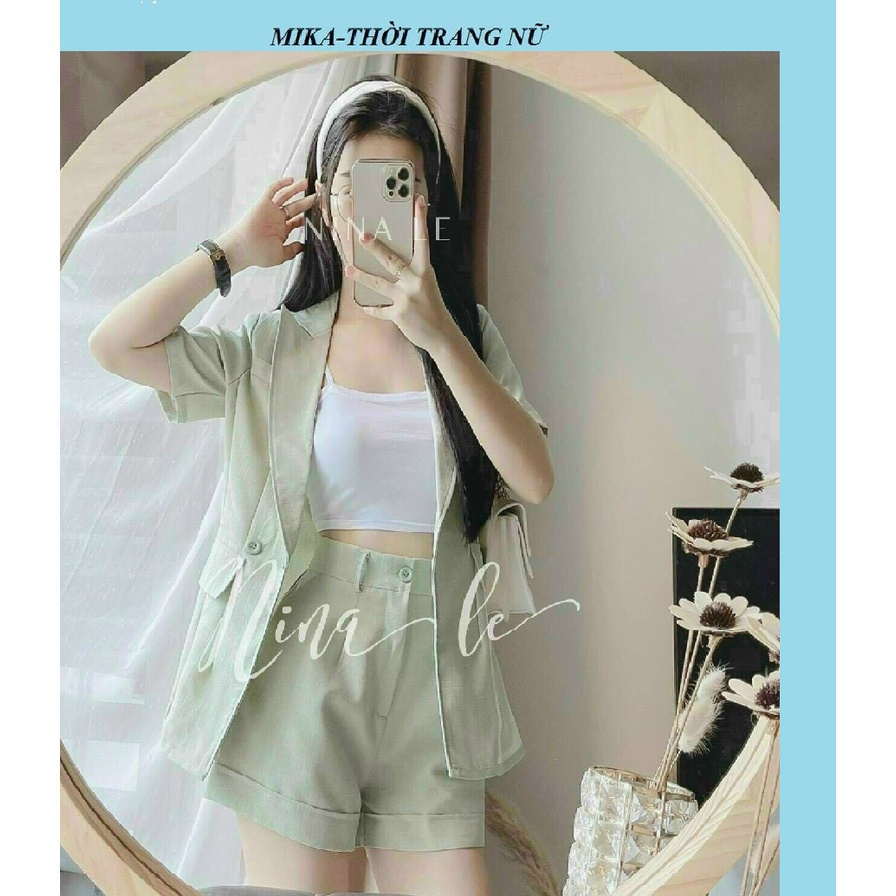 Set đồ nữ 3 món đẹp áo khoác cổ vest kèm áo 2 dây, quần short coton lạnh quá sành điệu