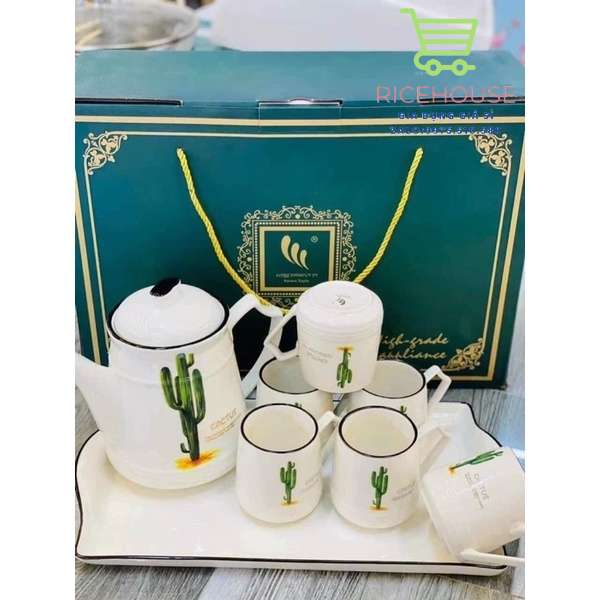Sét 6 cốc, 1 ấm, 1 khay uống trà siêu đẹp-giao ngẫu nhiên