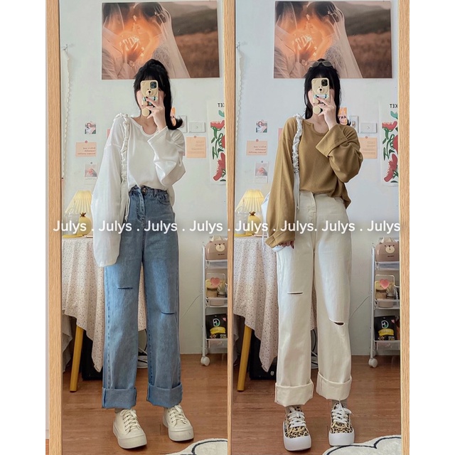 Quần jeans suông rách gối 1348 JULYS STORE (ảnh thật shop chụp kèm video cận chất)