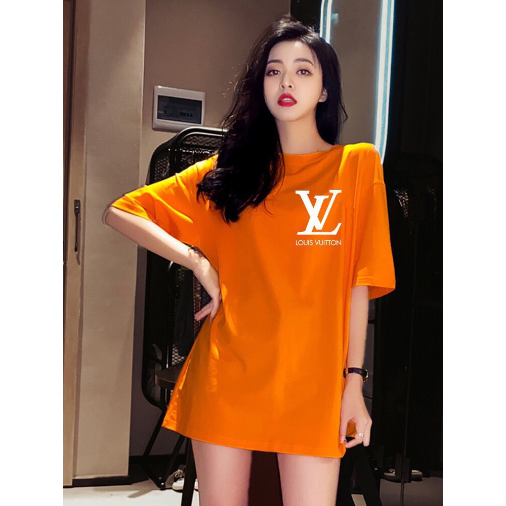 Áo thun tay lỡ freesize màu cam, mặc phủ mông, in hình gấu bắt mắt