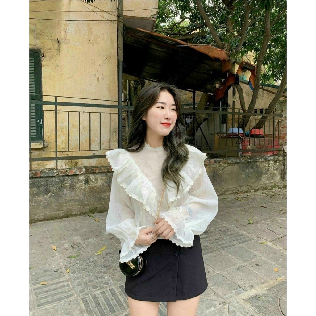 VIBEA Áo sơ mi babydoll cổ bèo cách điệu