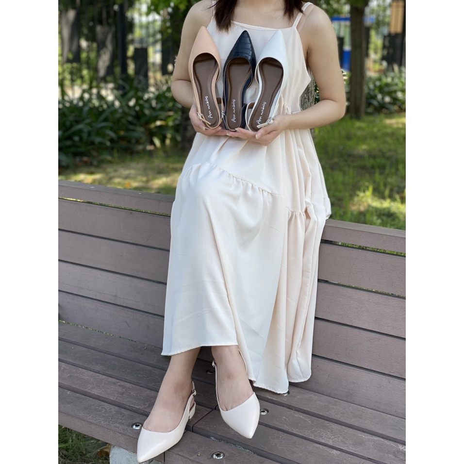 Giày cao gót Annmodels  slingback khoét eo mũi nhọn phối dây hở gót cao 2cm _Min331