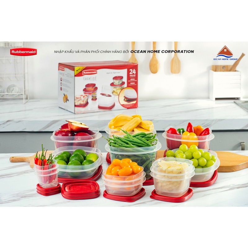 Bộ hộp 12 size đựng thực phẩm RUBBERMAID CHÍNH HÃNG có nắp màu đỏ bằng nhựa PP cao cấp