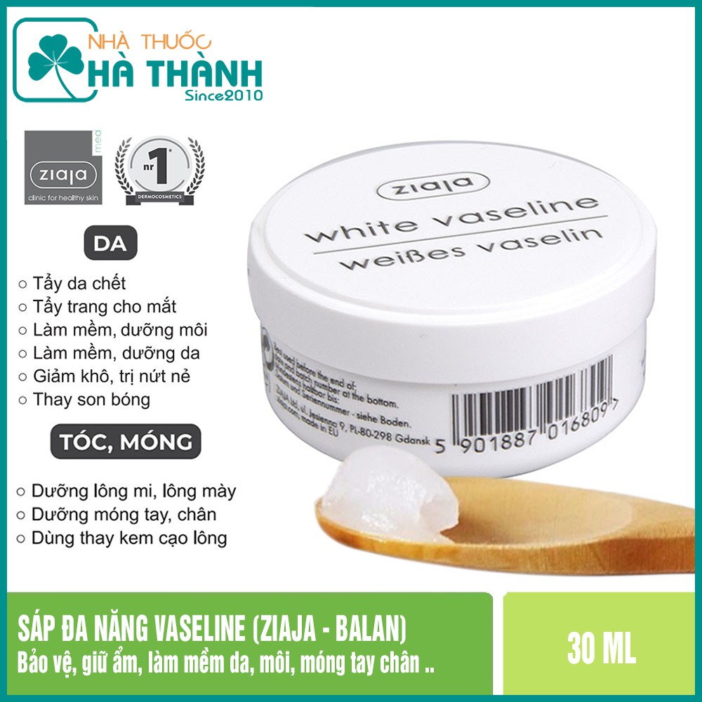 SÁP ĐA NĂNG VASELINE BẢO VỆ GIỮ ẨM, DƯỠNG DA, MÔI, MÓNG TAY CHÂN - ZIAJA WHITE VASELINE 30ML