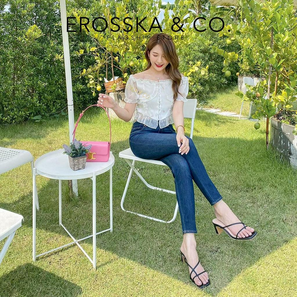 Erosska - Dép cao gót thời trang mũi vuông phối dây quai mảnh cao 8cm màu nâu - EM101