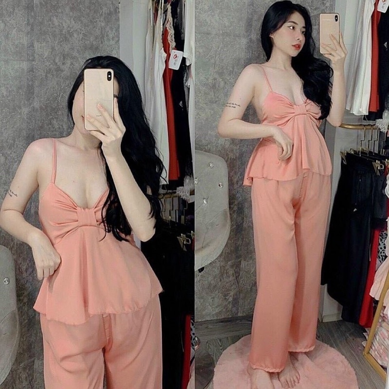 Set bộ ngủ hai dây dài nơ lụa satin cao cấp | BigBuy360 - bigbuy360.vn