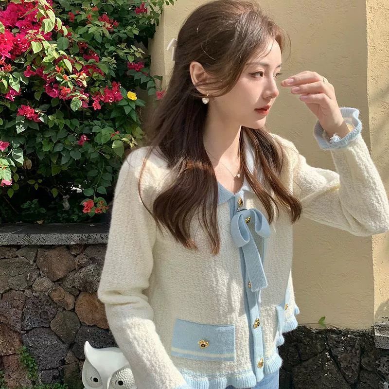 Áo Khoác Cardigan Dệt Kim Phối Nơ Màu Sắc Tương Phản Xinh Xắn Cho Nữ  tao bao