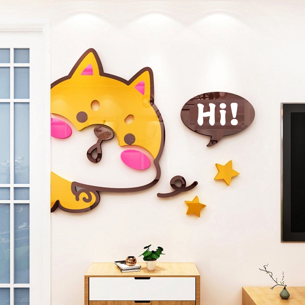 Tranh mica dán tường - Thỏ Con, cún con Hi trang trí cửa ra vào, cửa hàng, quán ăn, địa điểm kinh doanh