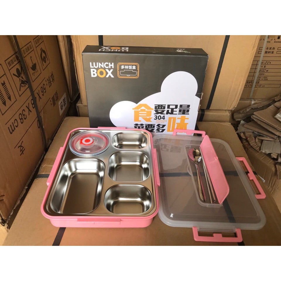 Hộp Cơm Văn Phòng Khay Inox 5 Ngăn - Có Giá Điện Thoại Tặng Thìa Đũa Inox Cao Cấp
