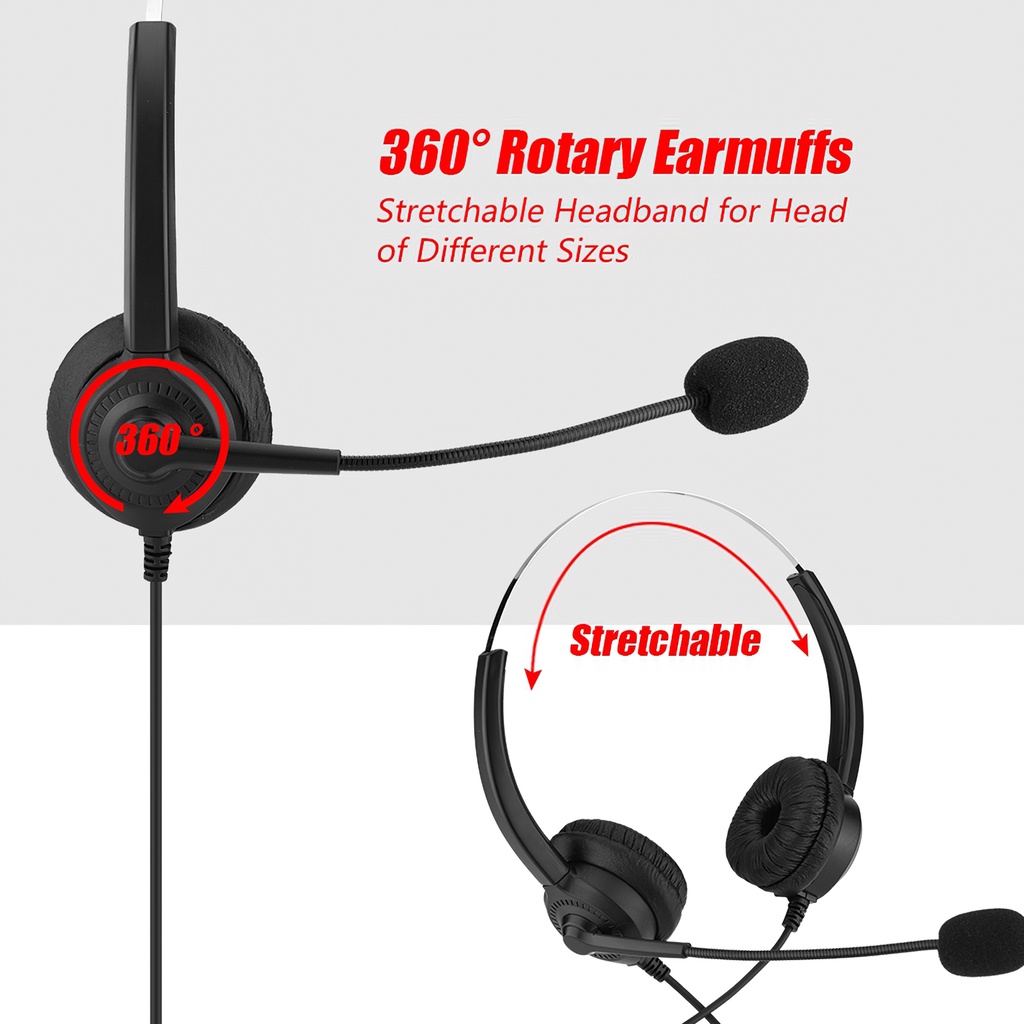USB Telephone Headset 360 Degrees Rotation Headset Wired Office Headset Call Center Headphone with Clear Noise
