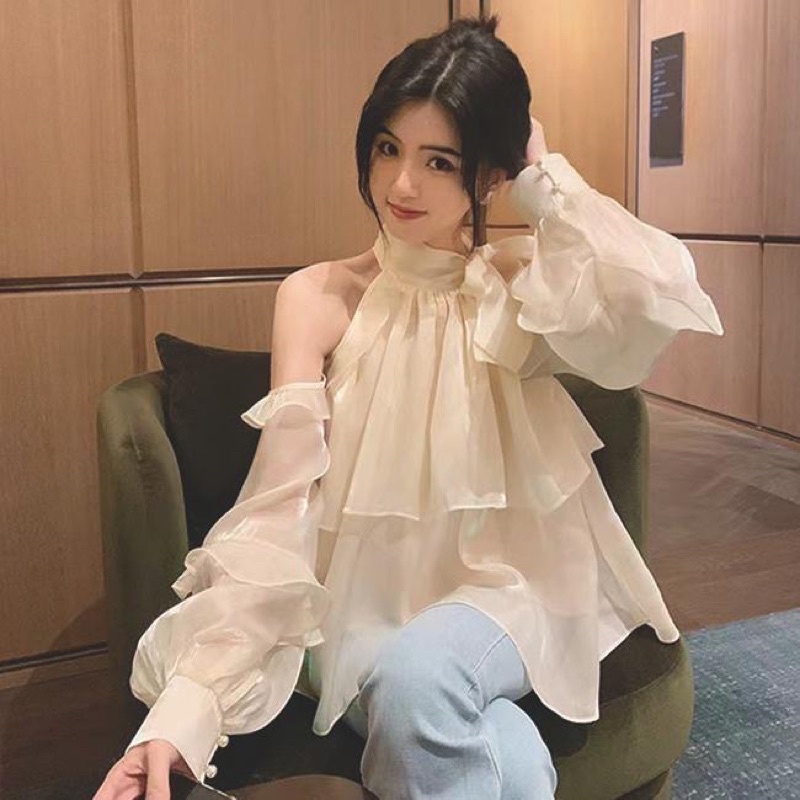 Áo Voan Hở Vai Tay Bèo Nơ Cổ Vải Voan Lụa Organza Óng