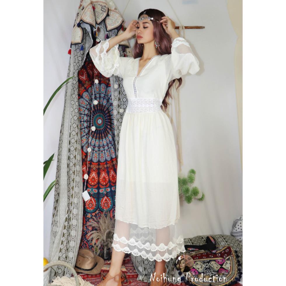 40-70KG Đầm Váy Bohemian maxi vintage trắng dáng xòe dài suông rộng đi biển đẹp xinh rẻ độc lạ tay lỡ bigsize  ྇