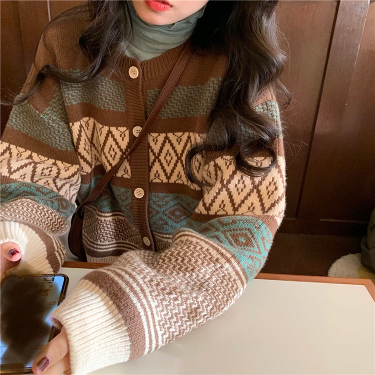 Áo khoác cardigan dệt kim tay dài màu sắc retro phong cách Hàn Quốc cho nữ