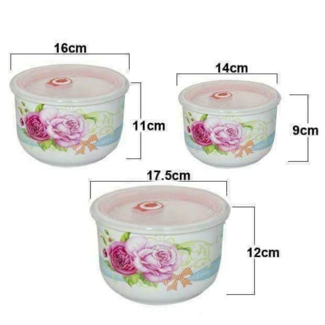 Hộp 3 chiếc bát sứ hoa hồng đựng thực phẩm có nắp đậy tiện lợi chất đẹp