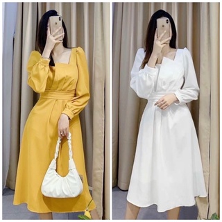 Đầm midi, váy đi tiệc tay dài cổ tầng 2 màu