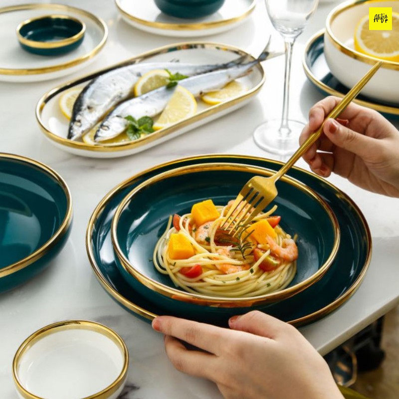 Bộ chén đĩa sứ tráng men cao cấp màu xanh cổ vịt viền vàng mix trắng phong cách Châu Âu từ 2 - 8 người