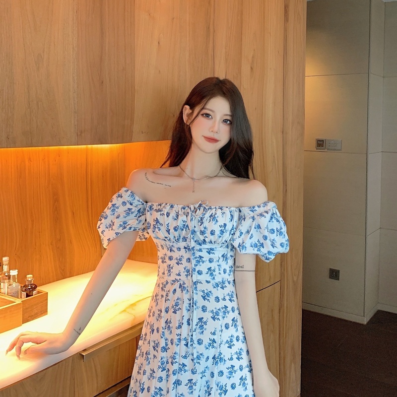 Đầm PERTY trễ vai tay phồng họa tiết hoa phong cách Pháp thời trang mùa hè cho nữ