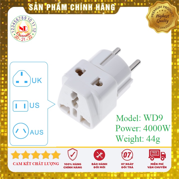 Phích cắm chuyển đổi WD9 [CHỊU TẢI LÊN TỚI 4000W] 3 chân chuẩn ANH, ÚC, MỸ, NHẬT  sang 2 chân tròn 4.8mm Chuẩn VN