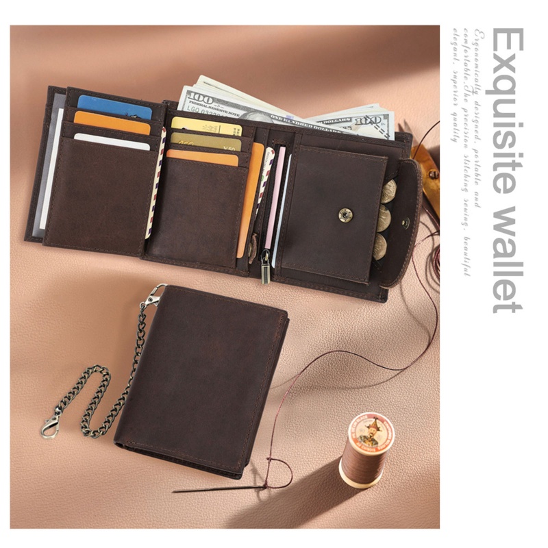 Youyo Ví Ngắn Gập Ba Bằng Da Bò Có Dây Xích RFID Chống Trộm Vintage Cho Nam Cred