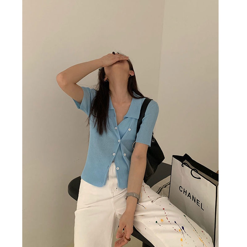 Áo thun dệt kim mỏng tay ngắn cổ Polo phong cách Hàn Quốc thời trang mùa hè hàng mới