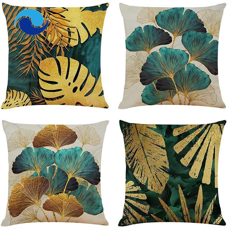 Bộ 4 Vỏ Gối Vuông 45cm x 45cm In Họa Tiết Lá Cây Màu Xanh Và Vàng