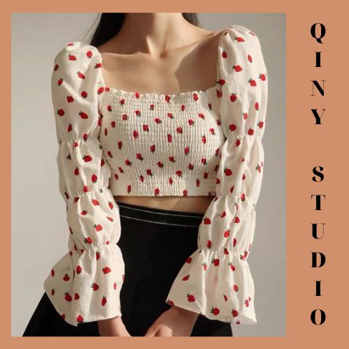 Áo croptop freesize bo ngực tay dày phồng tôn dáng trơn và họa tiết nhí Qiny Shop