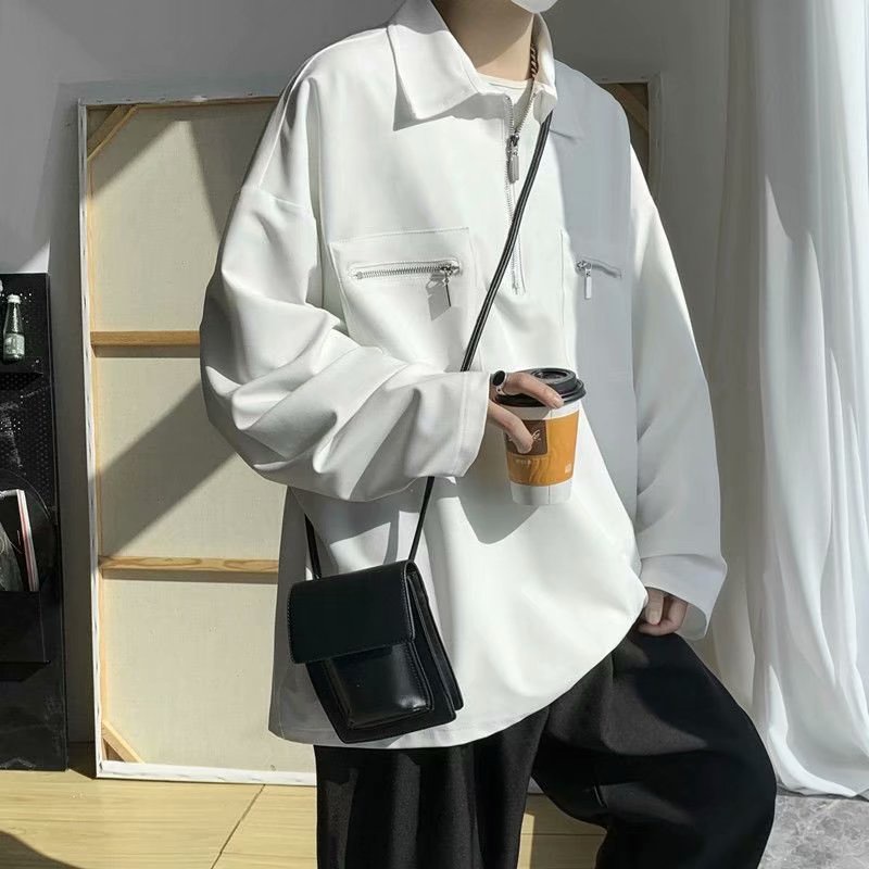 Áo Sơ Mi Cổ Polo Dáng Rộng Màu Trơn Thời Trang Hàn Quốc Cho Nam