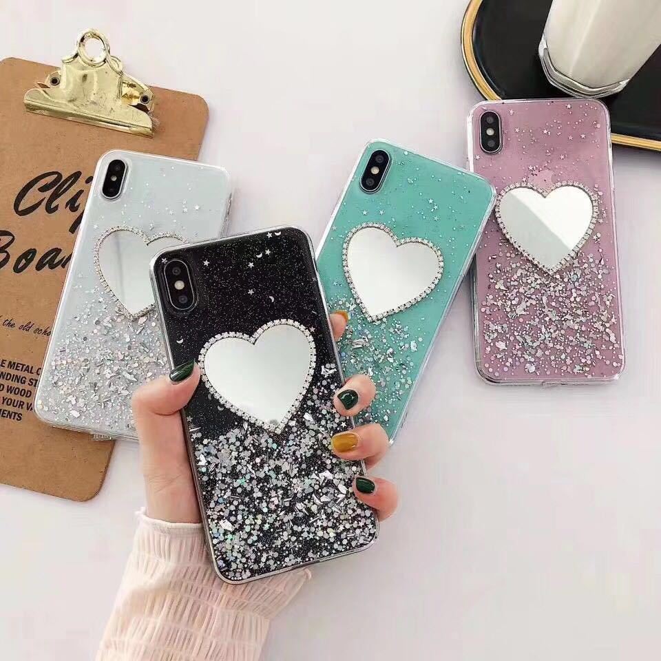 iPhone 12 Mini 11 Pro Max 6 6S 7 8 Plus  X XS Max XR Heart Shape Makeup Mirror Bling Soft TPU Phone Case