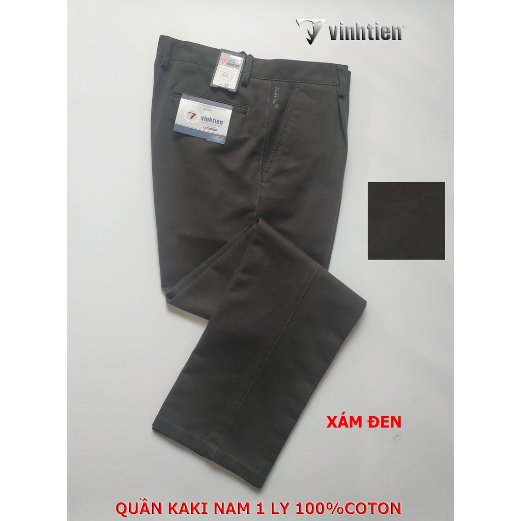 Quần kaki 1 Ly Trung Niên Vĩnh Tiến 100% Cotton Trơn Màu Xám Đen