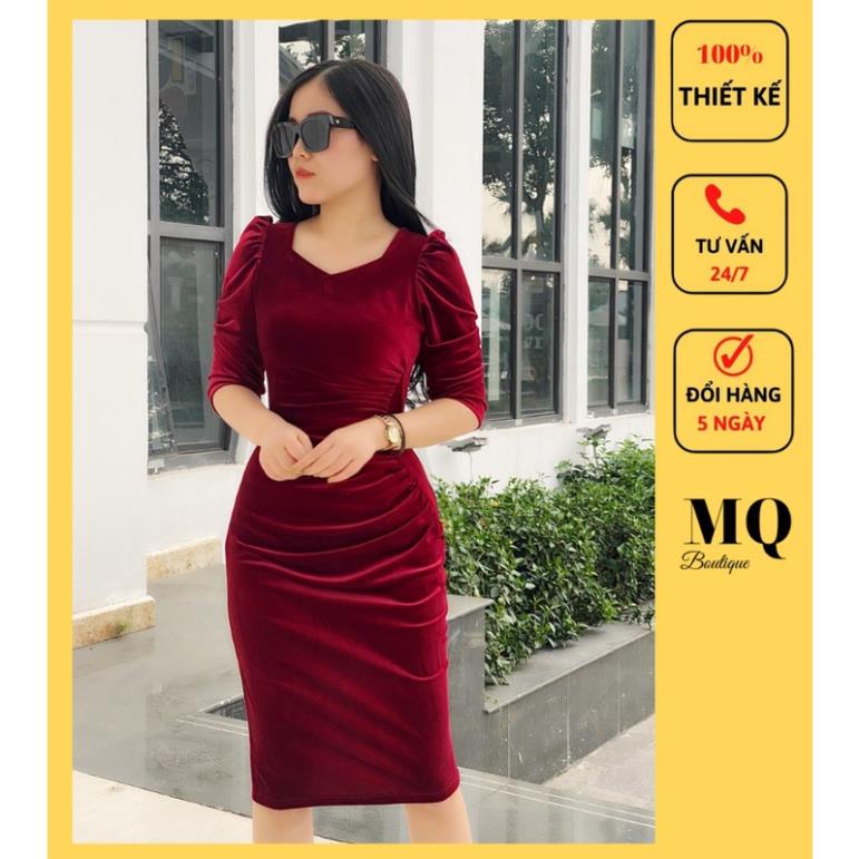 Váy nhung dự tiệc, công sở nữ dáng body tay lỡ bồng, rúm eo, cổ lục lăng thiết kế MQ Boutique cao cấp