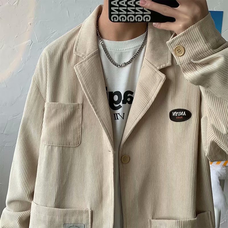 Áo khoác vest nhung kẻ dáng rộng phong cách Retro Hàn Quốc thời trang cho nam