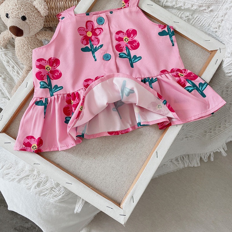 Bộ Áo Hai Dây In Hoa + Chân Váy Ngắn In Hoa Thời Trang Mùa Hè Hàn Quốc Dành Cho Bé Gái