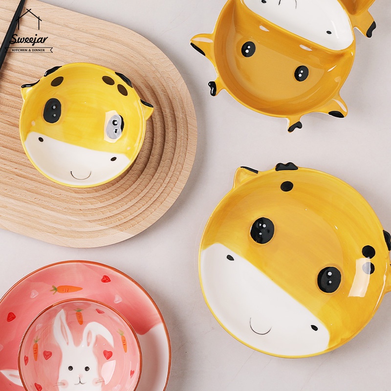 SWEEJAR Tô/ muỗng/ dĩa bằng gốm  họa tiết hoạt hình thỏ/ nai dễ thương cho bé
