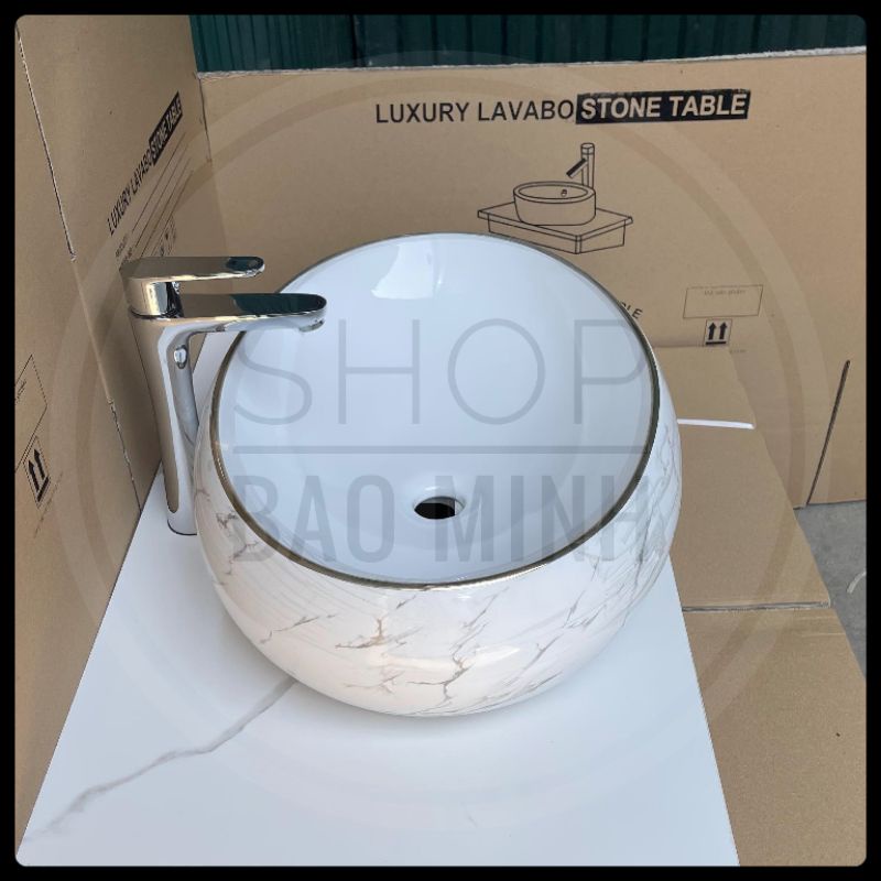 Chậu rửa mặt - Lavabo elip đặt bàn hoa văn vân đá cao cấp KT 60x40