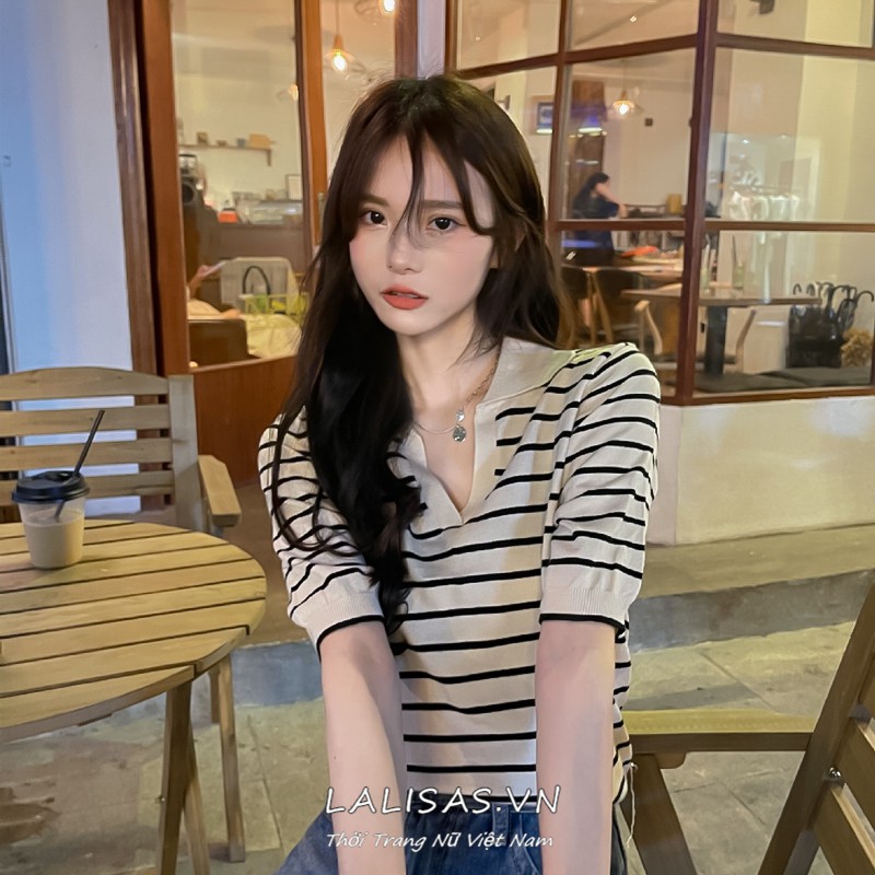 Áo polo tay ngắn cổ chữ V in họa tiết sọc ngang thời trang Hàn Quốc đáng yêu